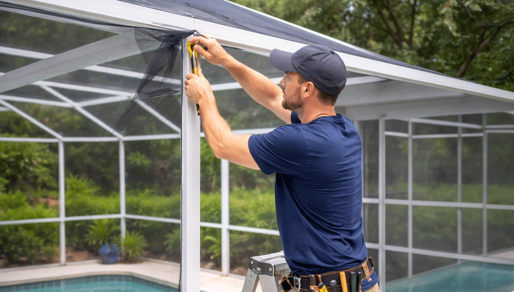Pool cage rescreening project in Tampa Bay