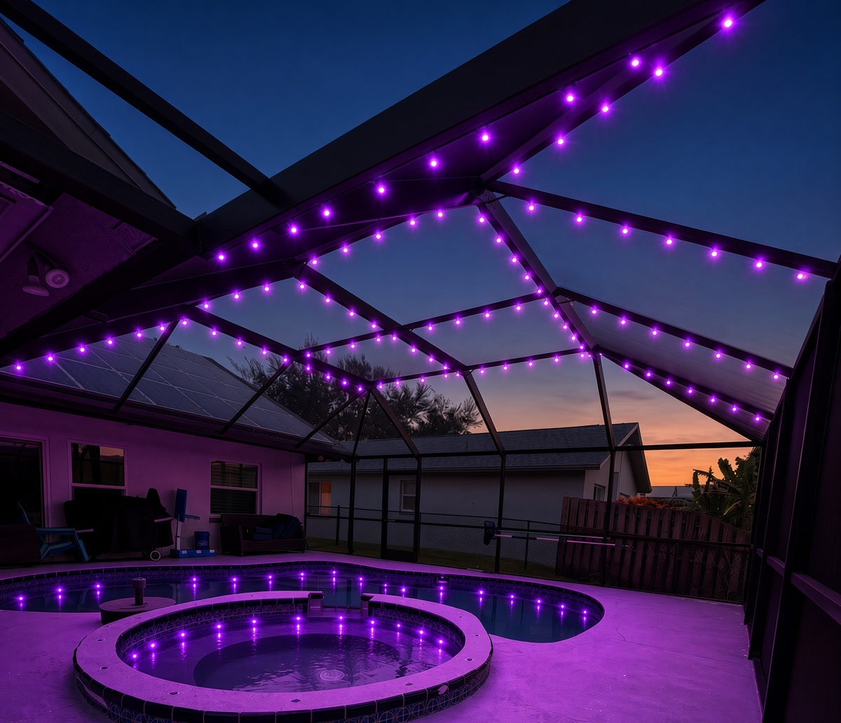 Finished pool cage at dusk with even LED puck lines reflecting in the spa and pool