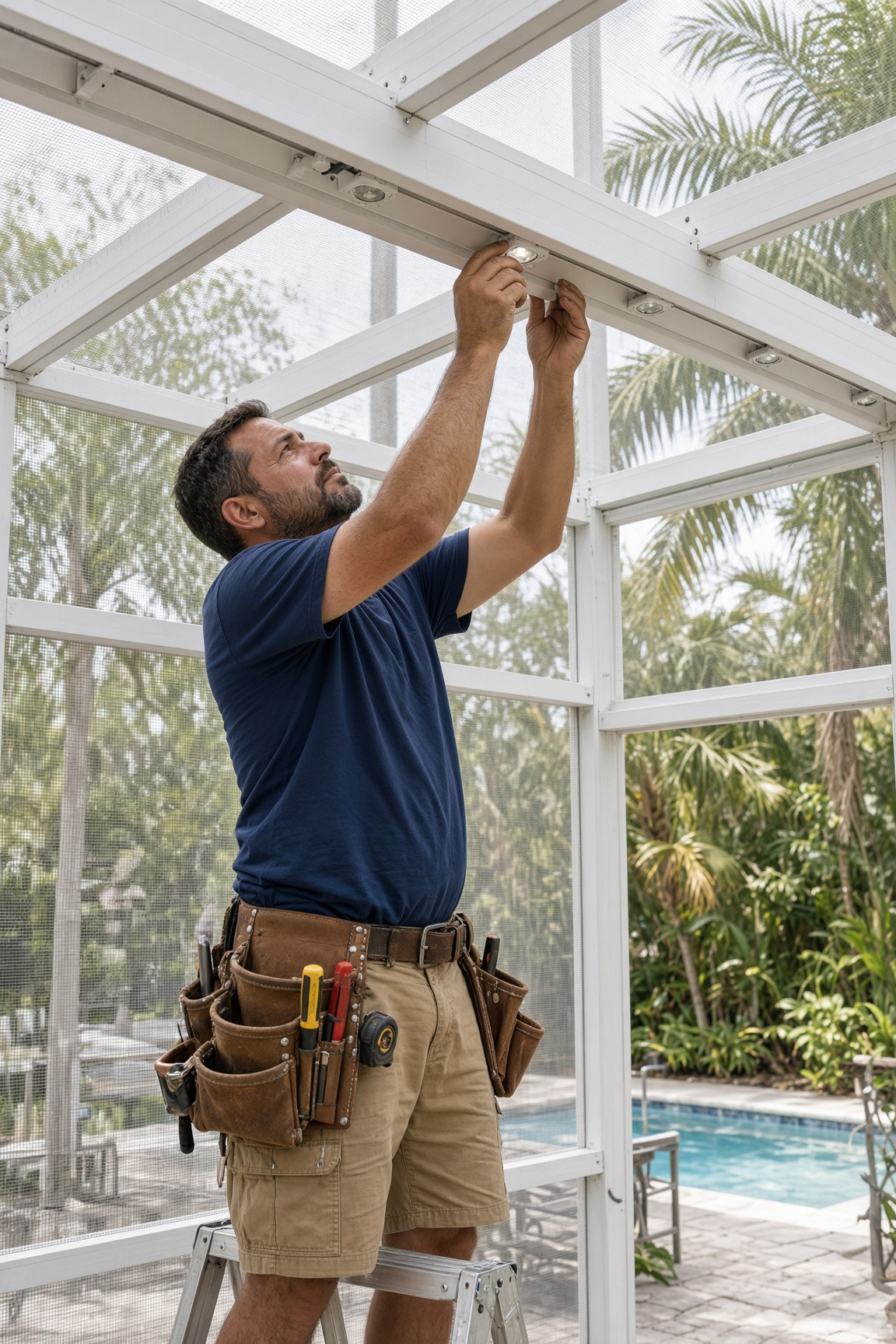 Technician fastening a 1-inch LED puck to the underside of a white aluminum pool cage beam