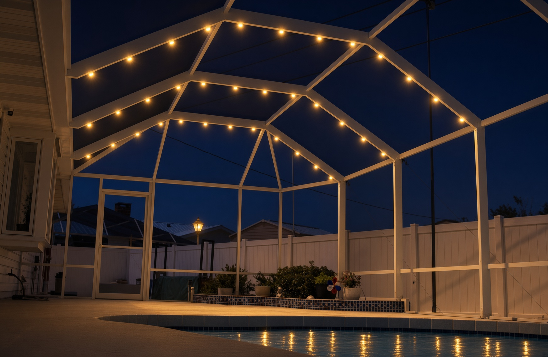 Warm white 1-inch puck lights on the underside of large white aluminum rafters over a pool